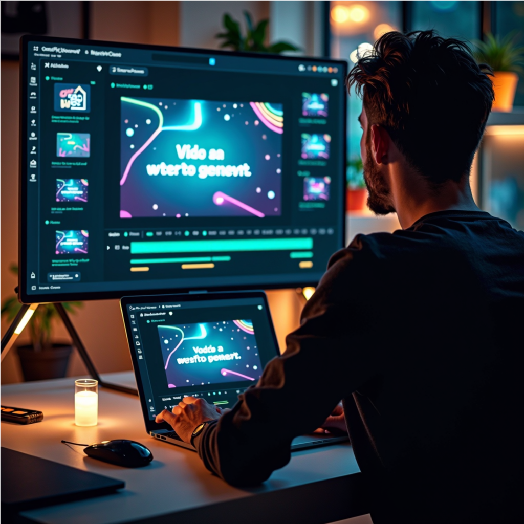 User creating different video styles using AI video platform on a modern workspace.