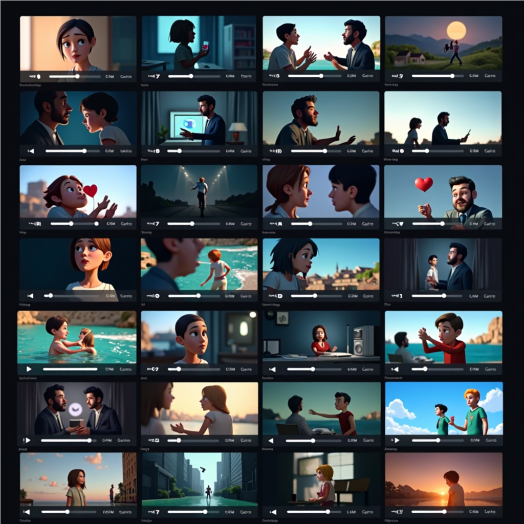 AI-generated video collage showing variety of video types produced by VidForgeAI.